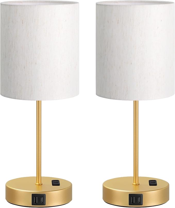 17.6" Gold Touch Lamps for Bedroom Set of 2 - Dimmable, USB C+A, AC Outlet | Large 17.6" Tall Lamp, 3-Way Dimming, 5000K Daylight Bulbs, Cream Lampshade Gold Base, for Living Room, Boys, Men, Girls