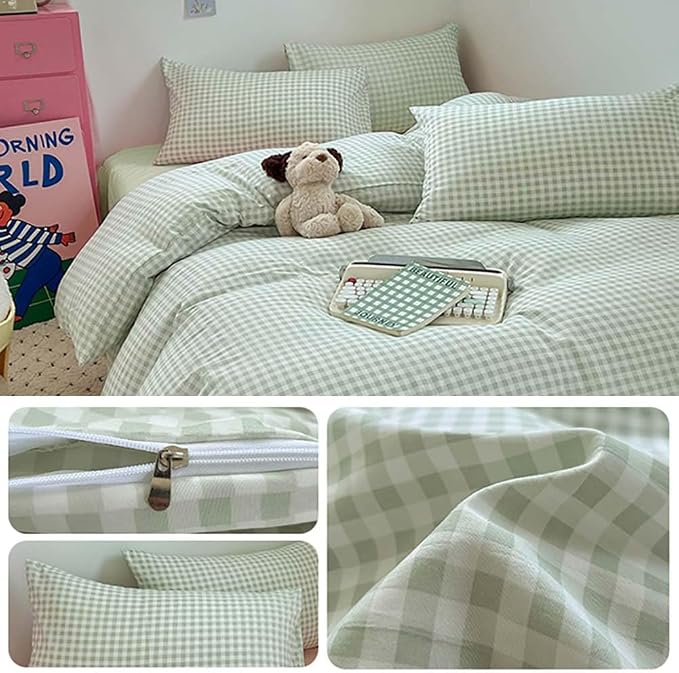 Nayoroom Green Gingham Duvet Cover Set Full Plaid Checkered Bedding | Modern Farmhouse Cottage, Dorm Bedding, Soft Breathable Washed Microfiber, All-Season Comfort, Hidden Zipper, 4 Corner Ties