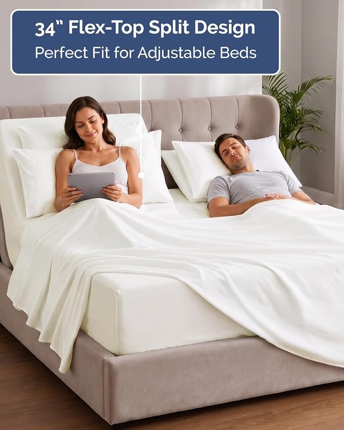 Extra Deep Flex Top Split Head King Sheet Set - 6 Piece Breathable and Cooling Sheets - Hotel Luxury Bedding for Women, Men, Kids & Teens - Easy Secure Fit - Extra Deep Pockets - Antique White