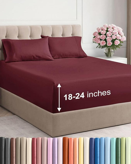 Extra Deep Queen Sheet Set - 4 Piece Breathable & Cooling Sheets - Burgundy | Easily Fits 18 to 24 inch Mattress - Ultra Soft, Wrinkle & Fade Free with Extra Deep Pockets - Comfy Hotel Luxury Bedding
