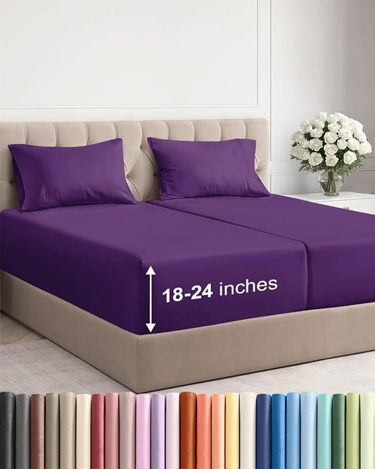 Extra Deep Split King Sheet Set - 5 Piece Soft & Cooling Sheets - Purple | Easily Fits 18 to 24 inch Mattress - Ultra Soft, Wrinkle & Fade Free with Extra Deep Pockets - Comfy Hotel Luxury Bedding