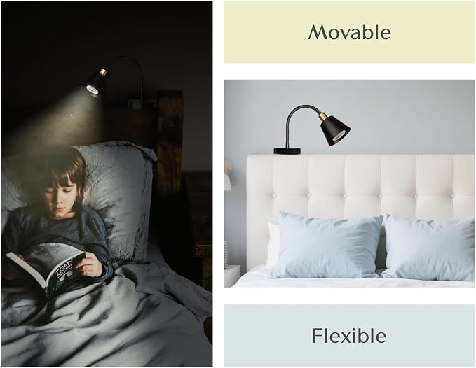 Patented Innovative Design Headboard Reading Light. No Drilling Golden Book Light for Bedtime Reading. Dimmable LED Book Reading Lamp with Bulb. Movable & Flexible, Black and Golden
