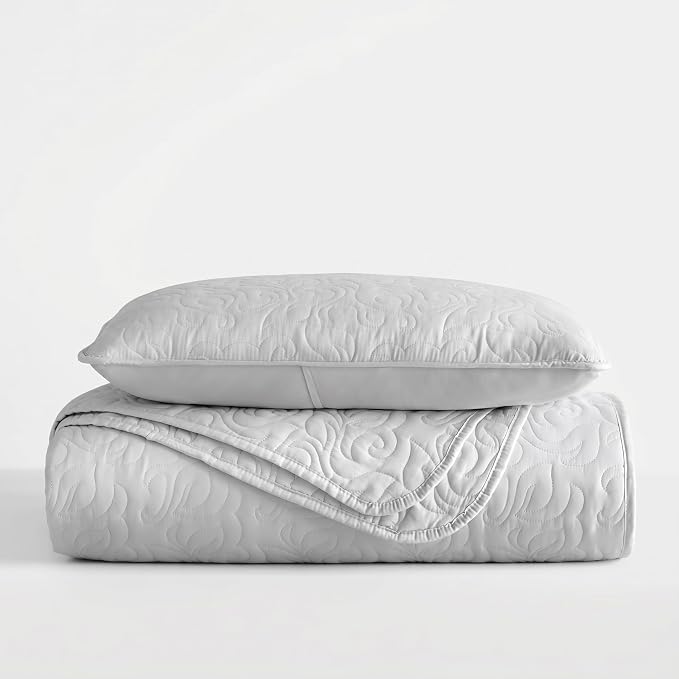 Merit Linens Modern Quilt Coverlet Soft Set in Floral Stitching - Twin/TwinXL Light Gray
