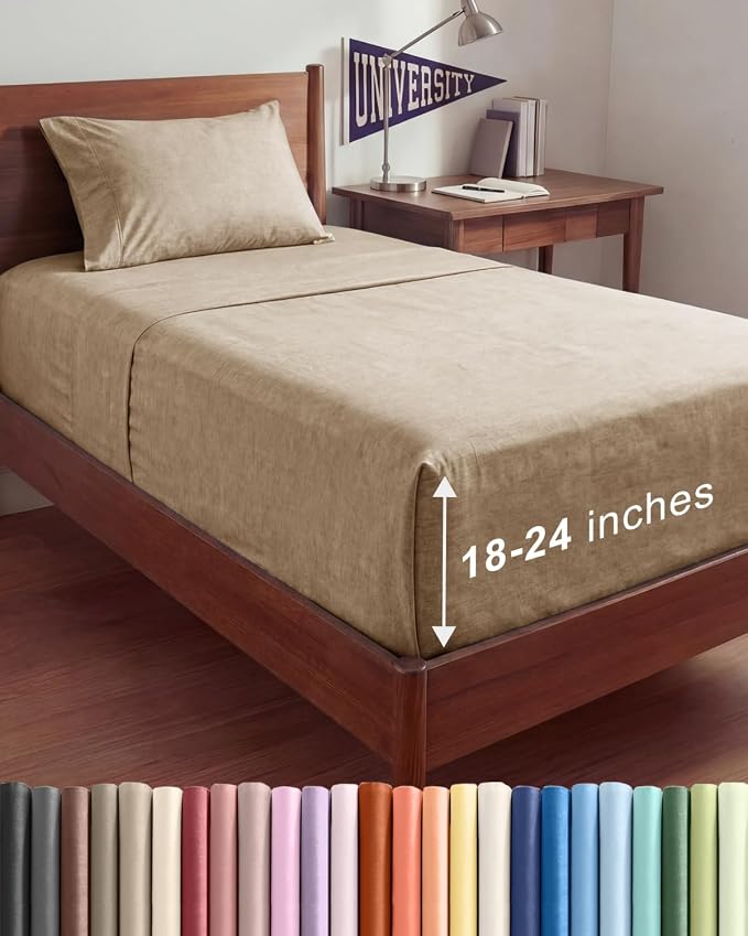 Extra Deep Twin XL Sheet Set - 3 Piece College Dorm Room - Heathered Beige | Soft, Breathable & Cooling, Easily Fits 18 to 24 inch Mattress, Wrinkle Free & Fade Resistant with Extra Deep Pockets