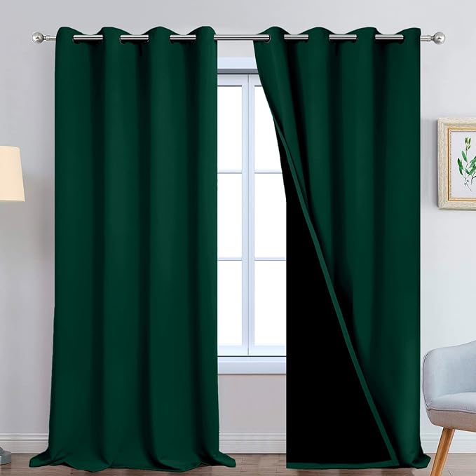 Yakamok Dark Green 100% Blackout Curtains 108 Inches Long 52" Wide 2 Panels | Blackout Curtain Panels for Bedroom, 2 Thick Layers Grommet Top Thermal Insulated Drapes with Black Liner for Living Room