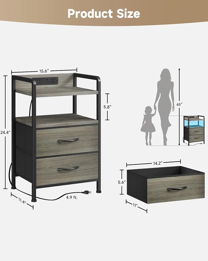 Lazzanto Nightstand with Rear Charging Station, LED Light, 2 Drawers, Grey | Industrial Nightstand, 2 USB-A Ports & AC Outlets, Raised Back Guard, Fabric Storage Drawers, Bedside Table for Bedroom, Dorm