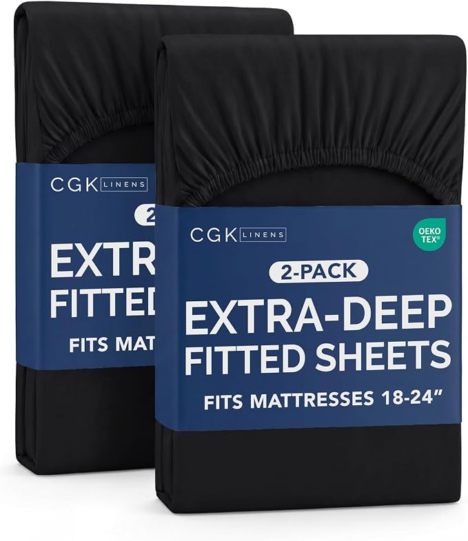 2 Pack Extra Deep Full Fitted Sheets with Extra Deep Pockets - Black | Hotel Luxury Bottom Fitted Sheets Only, Soft, Fade & Wrinkle Free, Breathable & Comfy, All Around Elastic Fitted Sheets