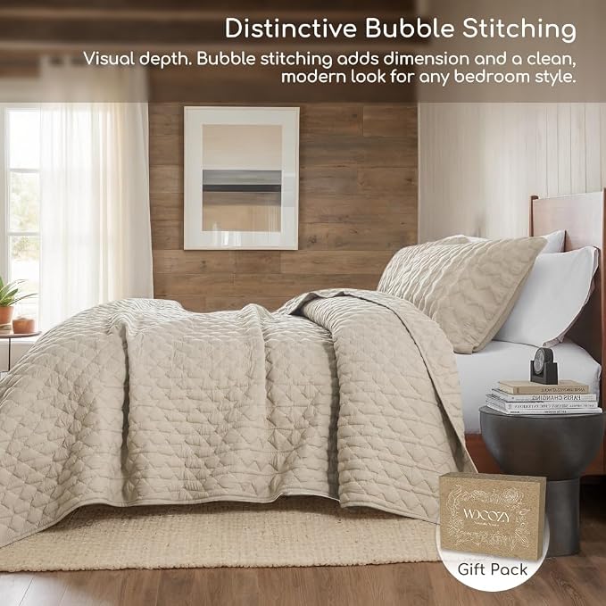 WDCOZY Oversized California Cal King Size Quilt Bedding Sets with 2 Pillow Shams, Beige Tan Cream Lightweight Soft Bedspread Coverlet Bed Cover, All Season Spring Summer, 3 Pieces, 116x106 inches