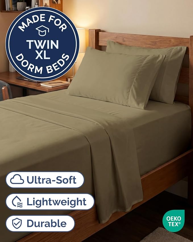 Extra Deep Twin XL Sheet Set - 4 Piece College Dorm Room - Khaki | College Dorm Room Essentials, Easy & Secure Fit, Ultra-Soft, Wrinkle & Fade Free, Comfy Sheets Set with Extra Deep Pockets