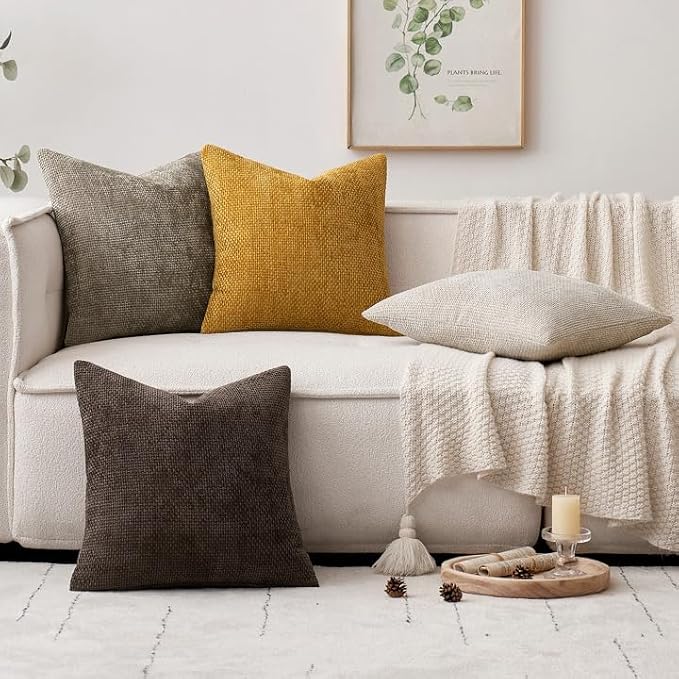 MIULEE Decorative Chenille Fall Pillow Covers Gold Brown 18x18 Pack of 4 | Rustic Home Decor, Earth Tones Set, Couch Throw Pillows, Farmhouse Boho Cushion Covers for Sofa Bed Living Room