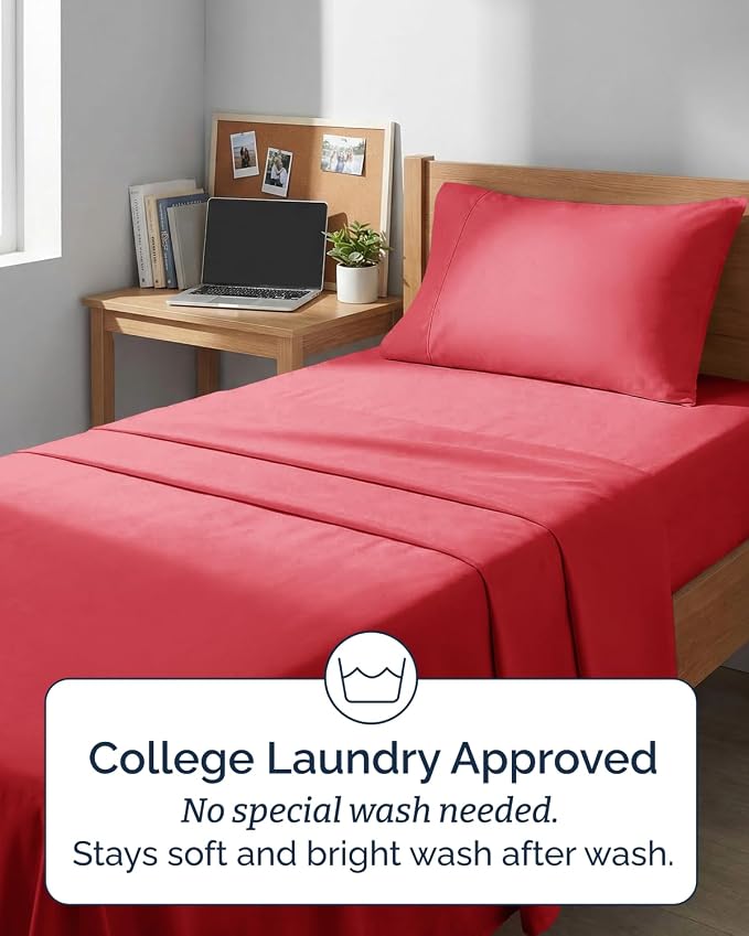 Extra Deep Twin XL Sheet Set - 3 Piece College Dorm Room - Red | Soft, Breathable & Cooling, Easily Fits 18 to 24 inch Mattress, Wrinkle Free & Fade Resistant with Extra Deep Pockets