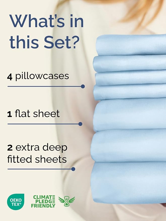 Extra Deep Split King Sheet Set - 7 Piece Breathable & Cooling - Light Blue | Hotel Luxury Bed Sheets Set, Easy & Secure Fit, Ultra-Soft, Wrinkle & Fade Free, Comfy Sheets Set with Extra Deep Pockets