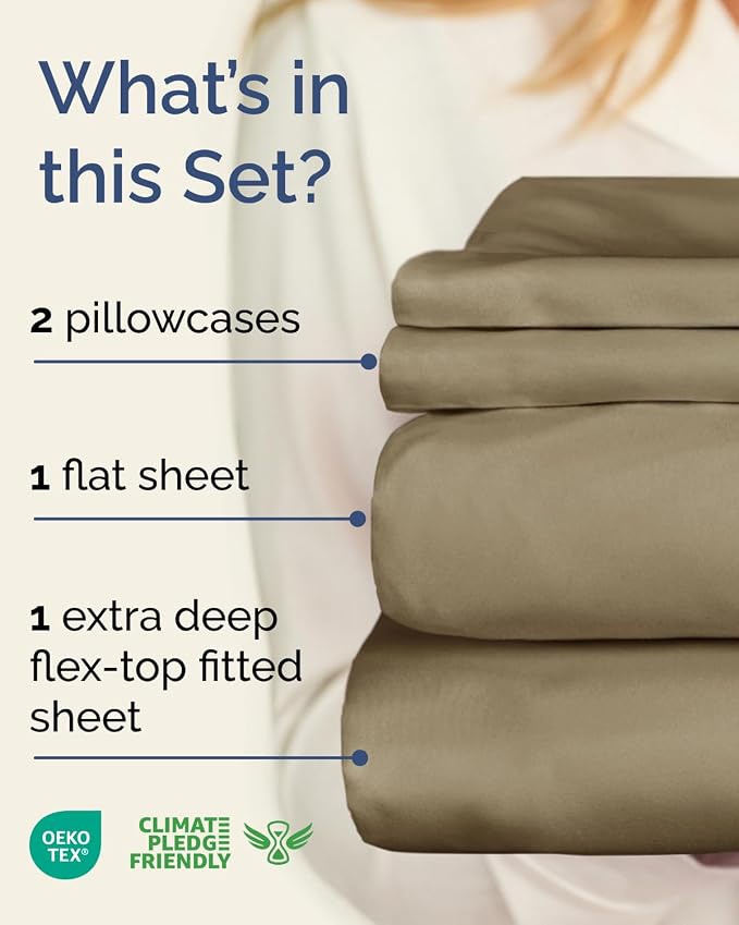 Flex Top Split Head King Sheet Set - 4 Piece Extra Deep Sheets - Khaki | Easily Fits 18 to 24 inch Mattress, Ultra Soft, Wrinkle & Fade Free with Extra Deep Pockets, Comfy Hotel Luxury Bedding