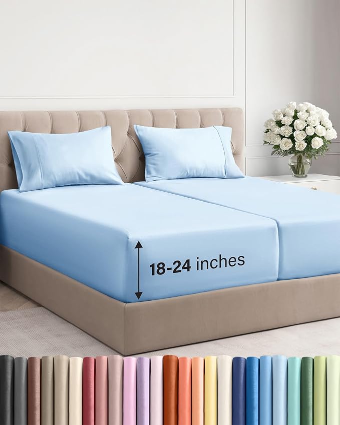 Extra Deep Split King Sheet Set - 5 Piece Breathable Cooling - Light Blue | Easily Fits 18 to 24 inch Mattress - Ultra Soft, Wrinkle & Fade Free with Extra Deep Pockets - Comfy Hotel Luxury Bedding