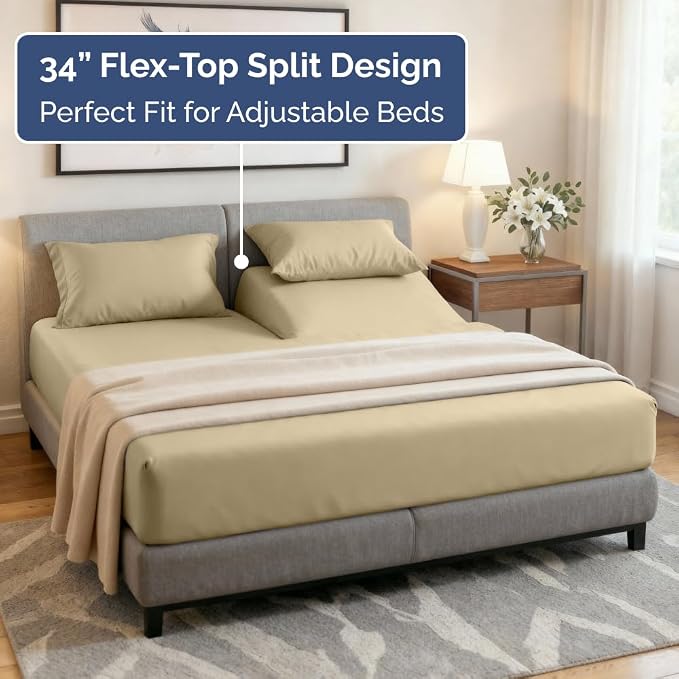 Flex Top Split Head King 4 Piece Sheet Set - Ultra-Soft, Breathable - Beige | Cooling Bed Sheets Set, Hotel Luxury Bedding for Women & Men with Deep Pockets, Wrinkle Free & Fade Resistant, Oeko-Tex