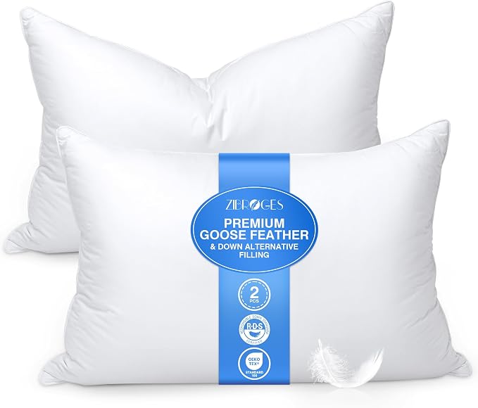 Feather Pillows King Size Set of 2 - Hotel Goose Down Bed Pillow for Sleeping, Soft 600 Thread Count Cotton Cover, Fluffy Support Surround Fill Polyester for Side, Back, Stomach Sleepers