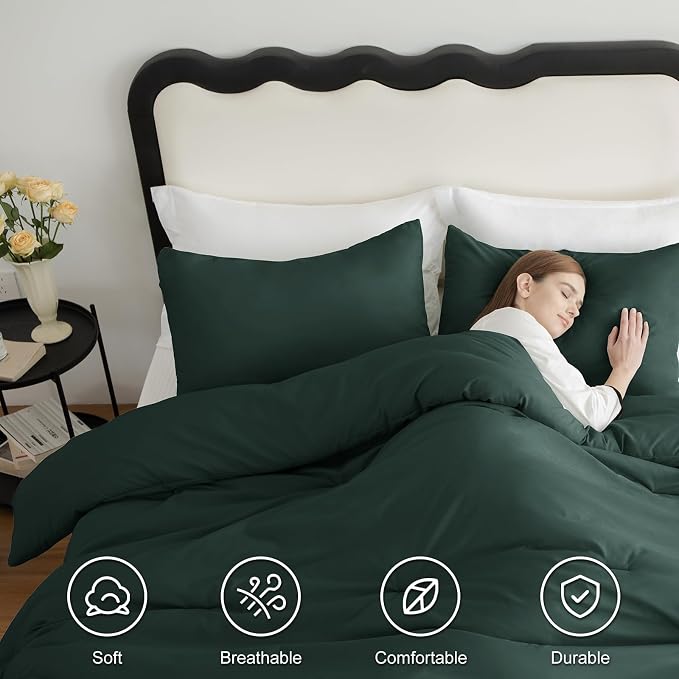 Queen Comforter Set, 3 Pieces Down Alternative Bedding Forest Green | 270 GSM All Season Comforter with 4 Corner Ties for Use as a Duvet Insert, OEKO-TEX Certified, 2 Pillowcases, 88 x 88 in