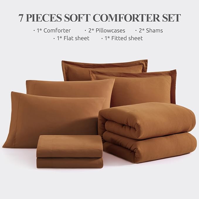 King Size Comforter Set- 7 Pieces Prewashed Bed in a Bag King Bedding Sets | Soft All Season Comforter with Sheets, Pillow Shams & Pillowcases,Terracotta