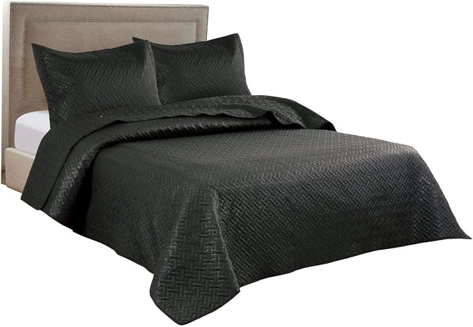 Legacy Decor 3 PCS Squared Stitched Pinsonic Reversible All Season Bedspread Quilt Coverlet Oversized, King Size, Black Color