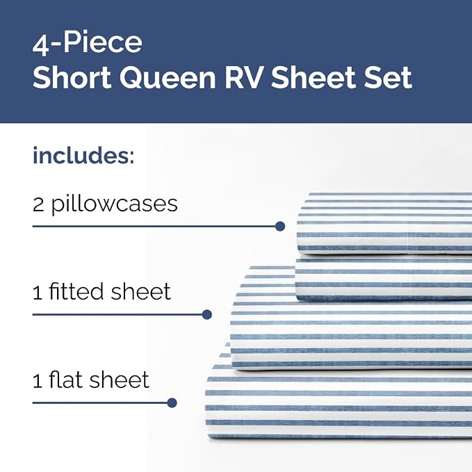 Short Queen Size 4 Piece Bed Sheet Set - RV Short Queen - Blue Stripes | Ultra-Soft, Breathable & Cooling Bed Sheets Set with Deep Pockets, Hotel Luxury Bedding for Women & Men, Wrinkle & Fade Free