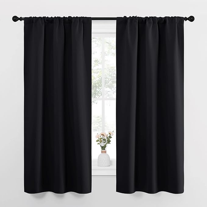 NICETOWN Black Blackout Curtains for Kitchen 34" Wide x 63" Long 2 Panels | Energy Smart Decoration Thermal Insulating Drapes Draperies for Small Window, Light Blocking Noise Reducing Treatment Decor