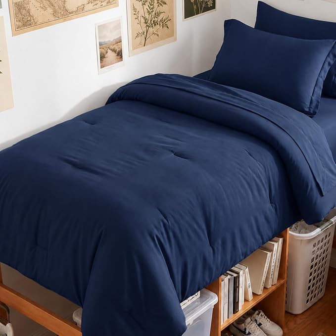 HIMEET Twin Comforter Sets, 5-Piece Point-Quilted Bed in a Bag, Navy Blue | OEKO-TEX Certified, Lightweight 240 GSM Comforter, Flat Sheet, 14-Inch Deep-Pocket Fitted Sheet, Pillowcase & Sham