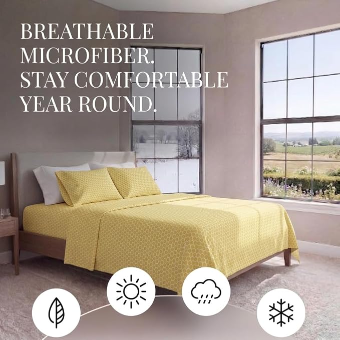 Linen Market Patterned Microfiber Queen Sheet Set 4 Piece – Oeko-TEX Certified Ultra Soft & Wrinkle-Free - 16" Deep Pocket Sheets - Easy Care Queen Size - Honeycomb Yellow