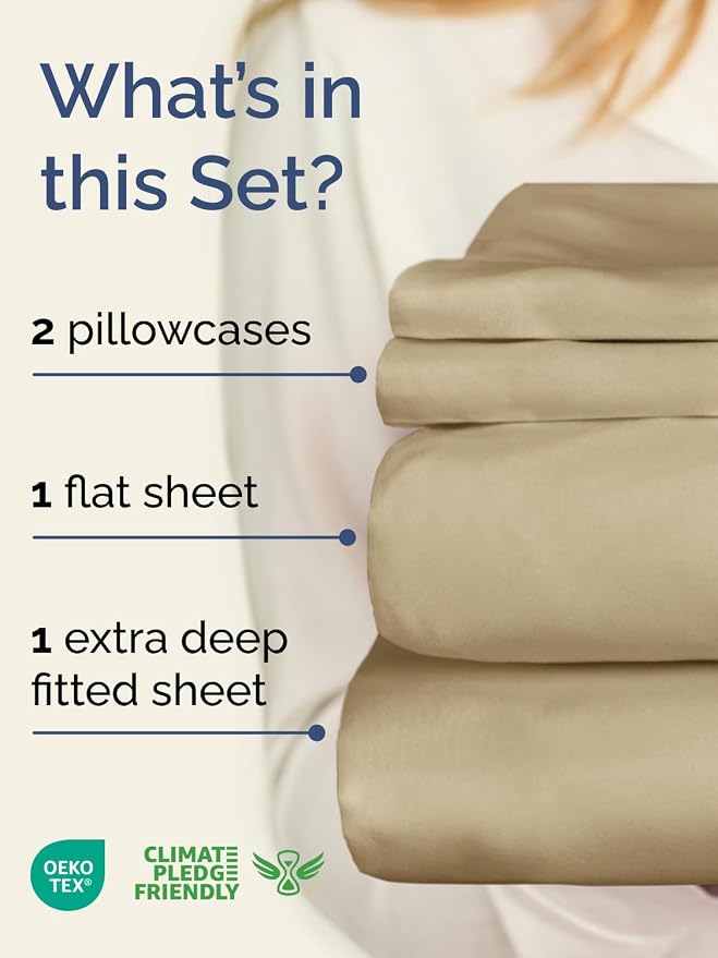 Extra Deep Twin Sheet Set - 4 Piece Breathable and Cooling Sheets - Beige | Hotel Luxury Bed Sheets Set, Easy & Secure Fit, Ultra-Soft, Wrinkle & Fade Free, Comfy Sheets Set with Extra Deep Pockets