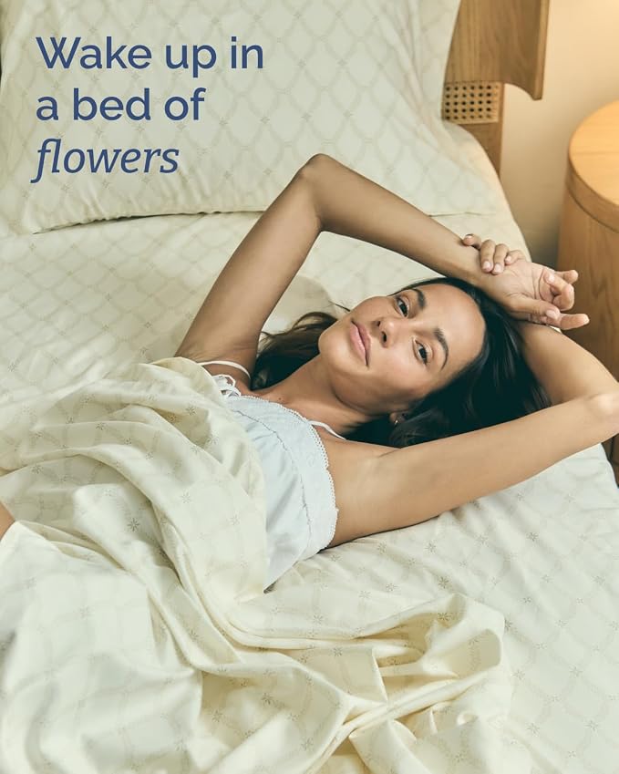 Full 4 Piece Floral Sheet Set - Soft, Breathable & Cooling - French Trellis | 1 Flat, 1 Fitted & 2 Pillowcases w/ Deep Pockets, Boho Botanical Floral Bedding, Breathable & Cooling, Wrinkle & Fade Free