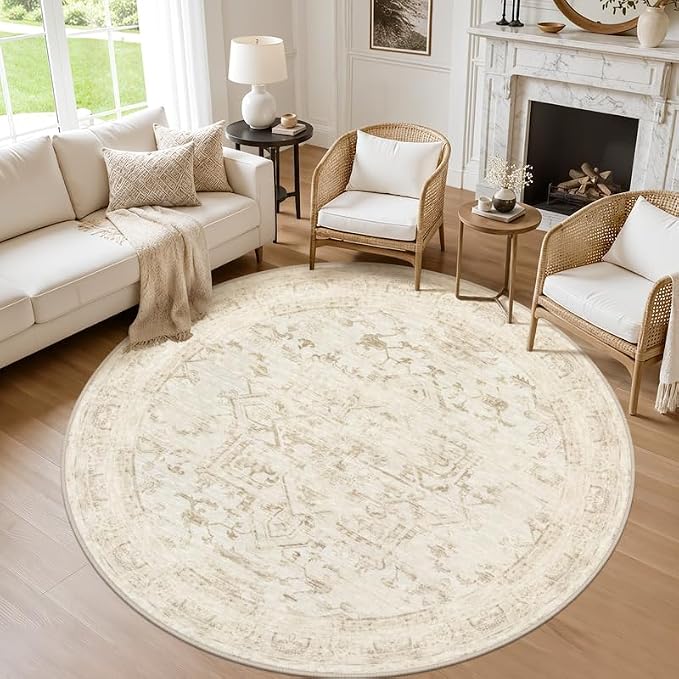 Round Area Rug Living Room: 6ft Washable Carpet Beige/Brown | Vintage Boho Circle Soft Large Circular Carpet Bedroom Nursery Neutral Dining Room Indoor Decor Floor Non-Slip Under Table