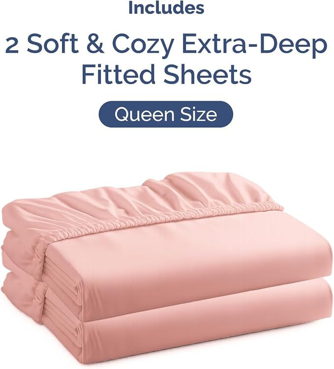 2 Pack Extra Deep Queen Fitted Sheets with Extra Deep Pockets - Baby Pink | Hotel Luxury Bottom Fitted Sheets Only, Soft, Fade & Wrinkle Free, Breathable & Comfy, All Around Elastic Fitted Sheets