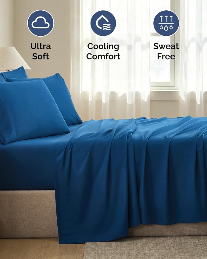 Cal King 6 Piece Bed Sheet Set - Breathable & Cooling Sheets - Dark Blue | Ultra-Soft Hotel Luxury Bedding Set with 8-16 Inch Deep Pockets, 1 Flat & 1 Fitted Sheet & 4 Pillowcases, Wrinkle & Fade Free