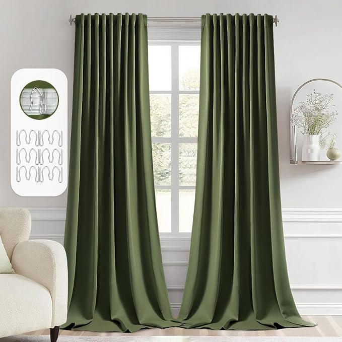 MIULEE Olive Green Back Tab Blackout Curtains 52x96 Inch Long 2 Panels Set | Rod Pocket Pinch Pleated, Thermal Insulated, Bedroom Living Room Darkening Drapes, Light Blocking Floor to Ceiling Curtains
