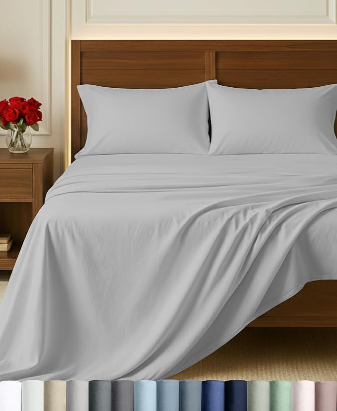 California Design Den 100% Egyptian Cotton Cal King Sheet Set, Light Grey | Backed by Good Housekeeping Seal, Light & Airy Soft Sateen, 16" Deep Pocket, All-Around Elastic, Durable, Easy Care 4pc Set