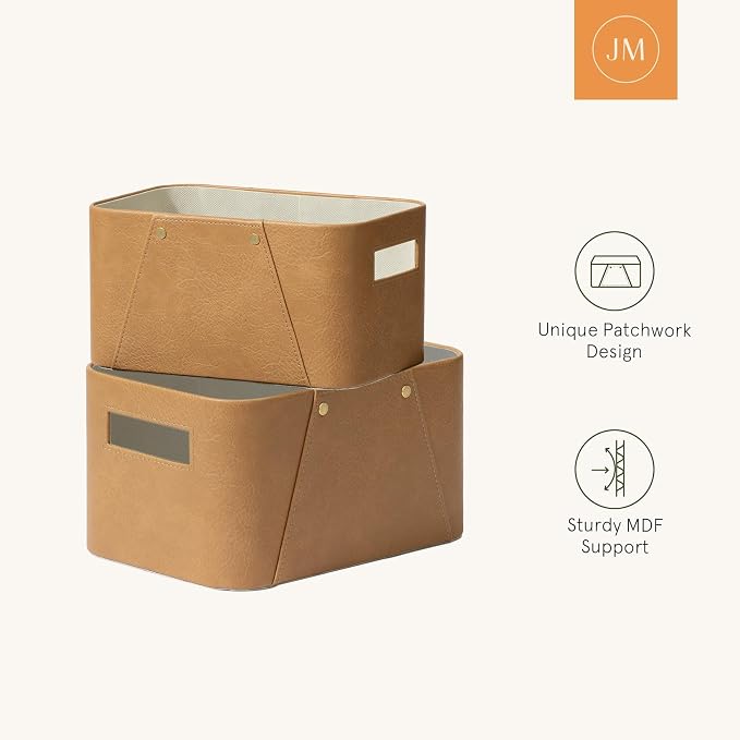 LA JOLIE MUSE Faux Leather Storage Baskets for Organizing, Camel 2 Pack | Sturdy Decorative Storage Bins for Closet, Shelf, Office Cabinets, Organizer Baskets for Toys, Books and Home Essentials