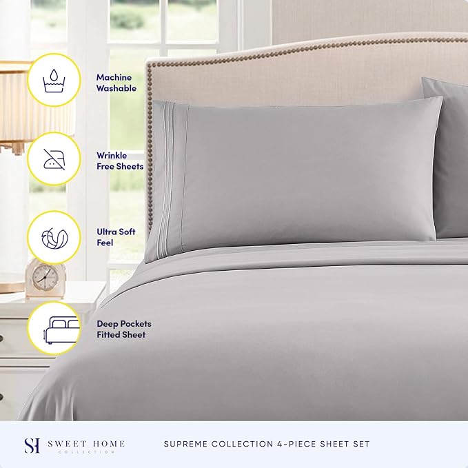 Split King Sheets - Breathable Luxury Sheets with Full Elastic & Secure Corner Straps Built In - 1800 Supreme Collection Extra Soft Deep Pocket Bedding Set, Sheet Set, Split King Size, Silver