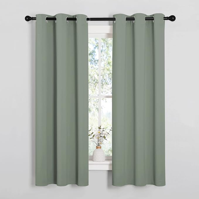 NICETOWN Sage Green Blackout Curtains for Bedroom 34" w x 63" L 2 Panels | Thermal Insulated Solid Grommet Draperies Drapes, Light Blocking Room Darkening Noise Reducing for Kitchen Living Room Decor