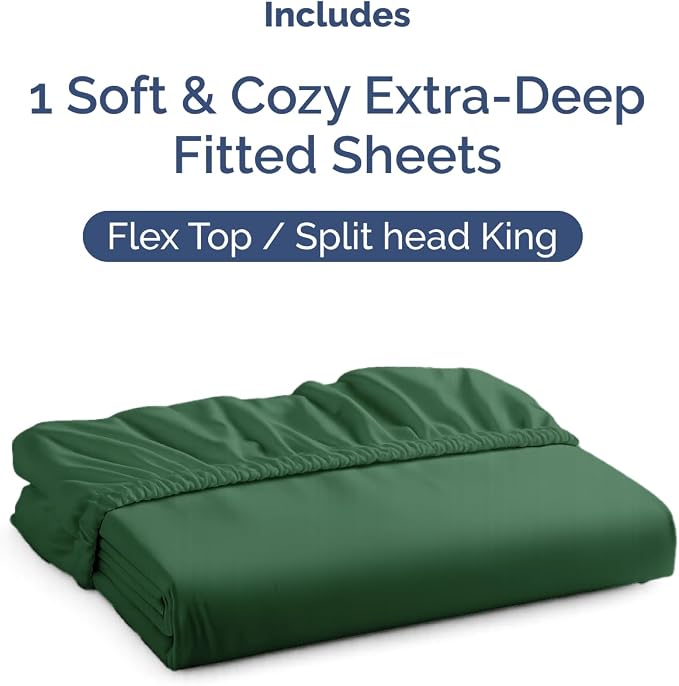 Extra Deep Flex Top Split Head King Fitted Sheet - Hotel Luxury Single Fitted Sheet Only - Easily Fits 18 inch to 24 inch Mattress - Ultra Soft, Wrinkle Free w/Extra Deep Pockets - Emerald Green