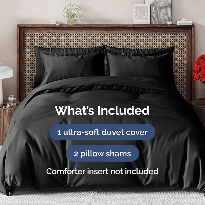 Duvet Cover Super King Size - Soft 3 Piece with Zipper Closure - Black | Extra Soft, Breathable, Super King Duvet Cover 108" x 98" w/ 2 Pillow Shams, Zipper Closures & Ties, Women, Men, Kids & Teens