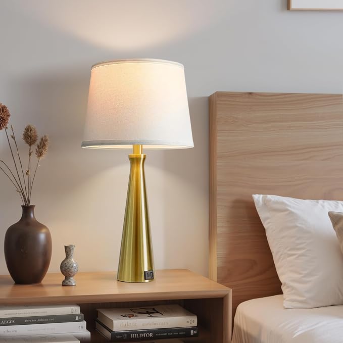 Modern Touch Lamps for Nightstand, 3 Way Dimmable Bedroom Lamp Set of 2 | USB C+A Charging Ports, Gold Bedside Lamps for Bedroom, Living Room, End Table, Bed Side, LED Bulb Included