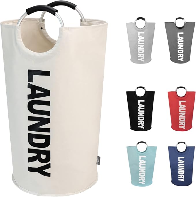 DOKEHOM 125L X-Large Laundry Basket Bag, Collapsible Tall Hamper, Beige | Freestanding tall washing bin & foldable laundry bag. Extra large clothes storage basket with durable sturdy handles