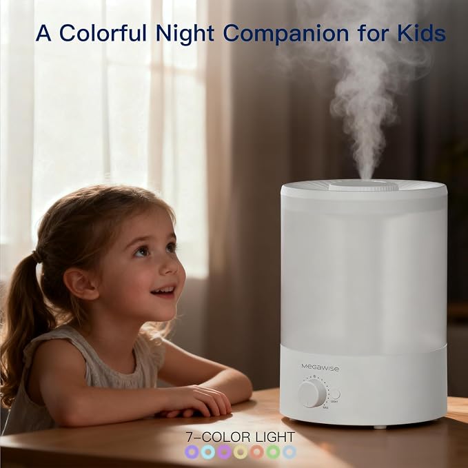 MEGAWISE 3.5L Cool Mist Humidifier – Ultra-Quiet Ultrasonic Vaporizer with Top-Fill Design, Essential Oil Diffuser, 7-Color Night Light & Auto Shut-Off