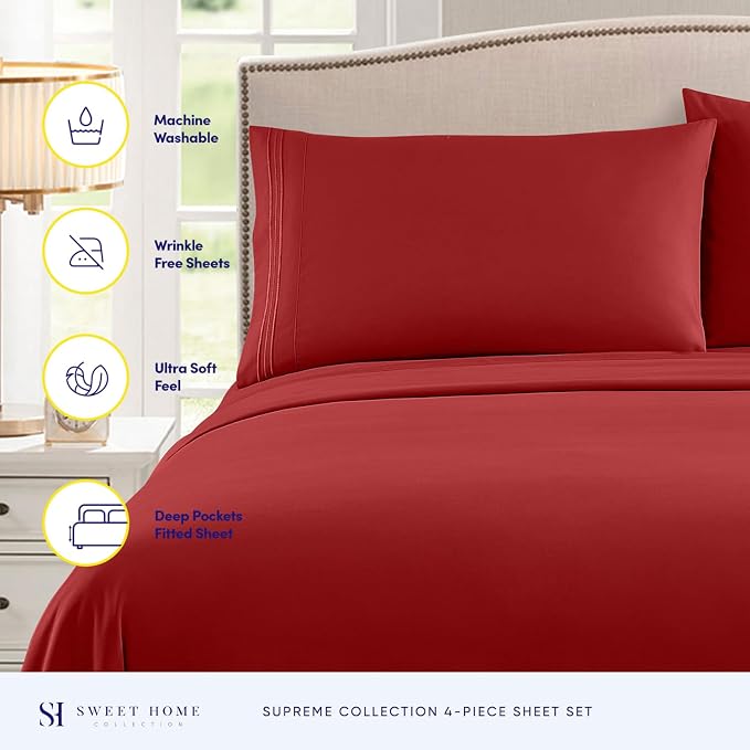 Twin Sheets - Breathable Luxury Sheets with Full Elastic & Secure Corner Straps Built In - 1800 Supreme Collection Extra Soft Deep Pocket Bedding Set, Sheet Set, Twin, Red
