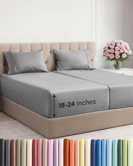 Extra Deep Split King Sheet Set - 5 Piece Cooling Sheets - Heathered Grey | Easily Fits 18 to 24 inch Mattress - Ultra Soft, Wrinkle & Fade Free with Extra Deep Pockets - Comfy Hotel Luxury Bedding