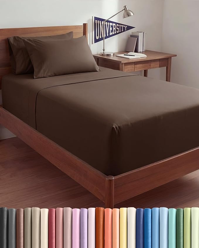 Extra Deep Twin XL Sheet Set - 4 Piece College Dorm Room - Brown | College Dorm Room Essentials, Easy & Secure Fit, Ultra-Soft, Wrinkle & Fade Free, Comfy Sheets Set with Extra Deep Pockets