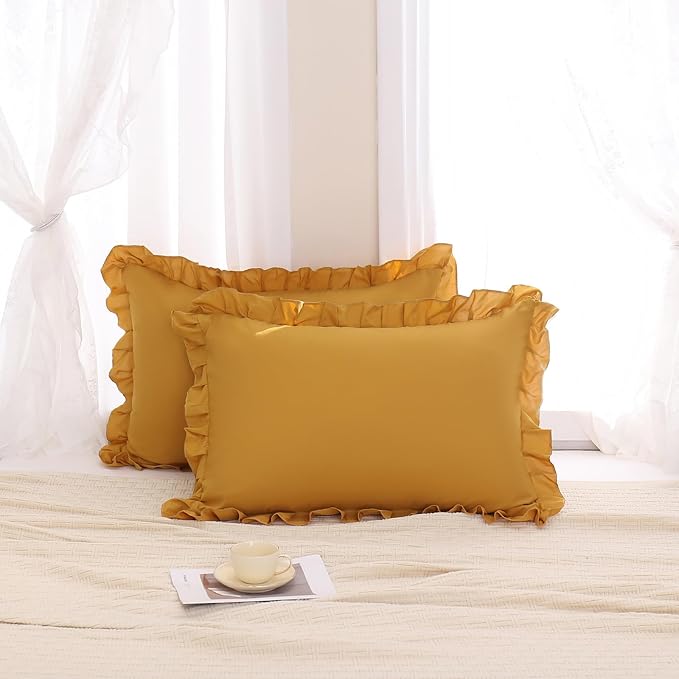 Merryword Mustard Yellow Pillowcases Standard Pillowcases 20x26inch Set of 2 Ruffle Pillow Shams Cute Pillow Covers Solid Yellow Shabby Chic Pillowcases