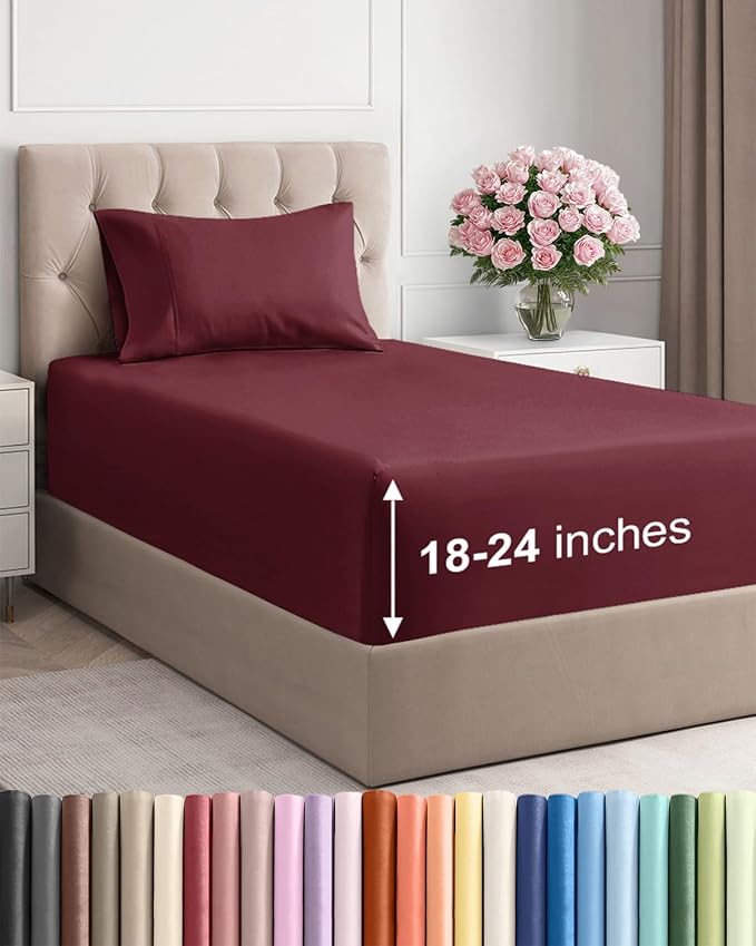 Extra Deep Twin Sheet Set - 3 Piece Breathable & Cooling Sheets - Burgundy | Easily Fits 18 to 24 inch Mattress - Ultra Soft, Wrinkle & Fade Free with Extra Deep Pockets - Comfy Hotel Luxury Bedding