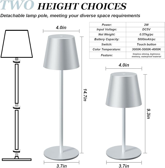 Kakanuo Silver Grey Cordless Lamp Rechargeable - 2 Pack 5000mAH Battery Operated Table Lamp for Counter, 3 Color Stepless Dimming Wireless Lamp for Dining Kitchen, Outdoor Patio, Touch Control