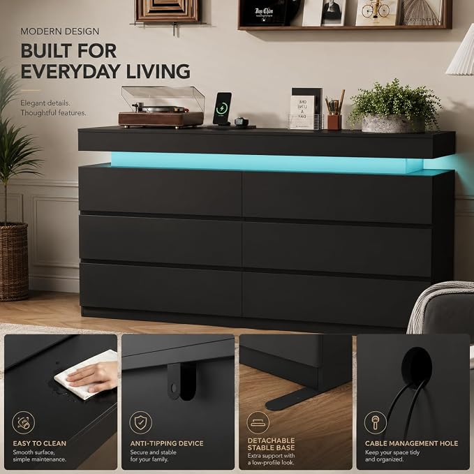 6 Drawer Dresser with LED Lights & Charging Station, Modern Floating Black Dresser for Bedroom, Smart Storage Chest with 2 AC Outlets & USB Ports for Living Room, Closet, Entryway
