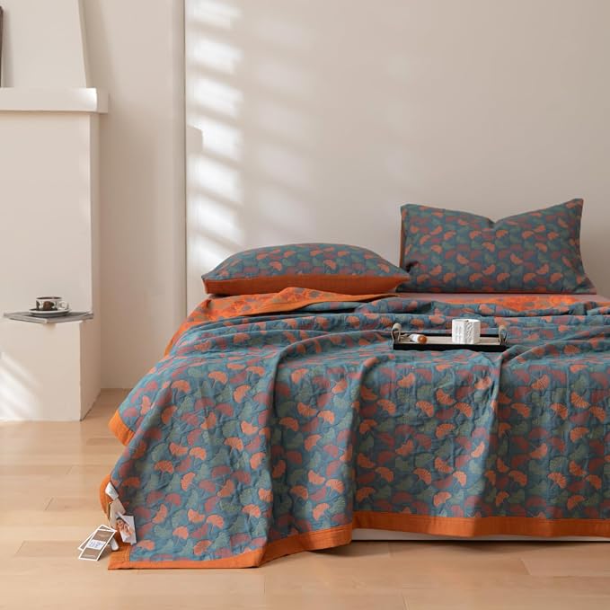 100% Cotton Muslin Blanket Jacquard Floral Ginkgo Leaves Print Quilt, Soft Bed Cover 3 Layers Reversible Bedspread Coverlet Breathable Lightweight Bedding King(98"x94"), No Pillow Sham